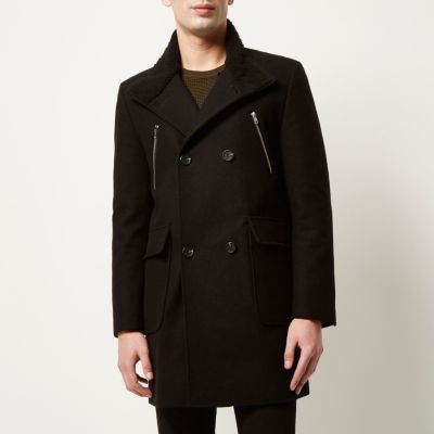 Black double breasted funnel neck coat